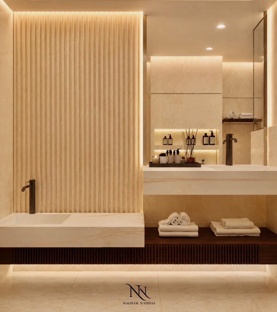 Bathroom vanity in warm stone with a fluted feature wall and matte black tap