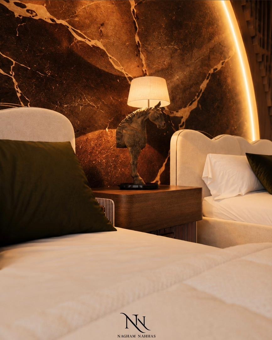 Bronze horse sculpture lamp on a fluted walnut nightstand against backlit onyx
